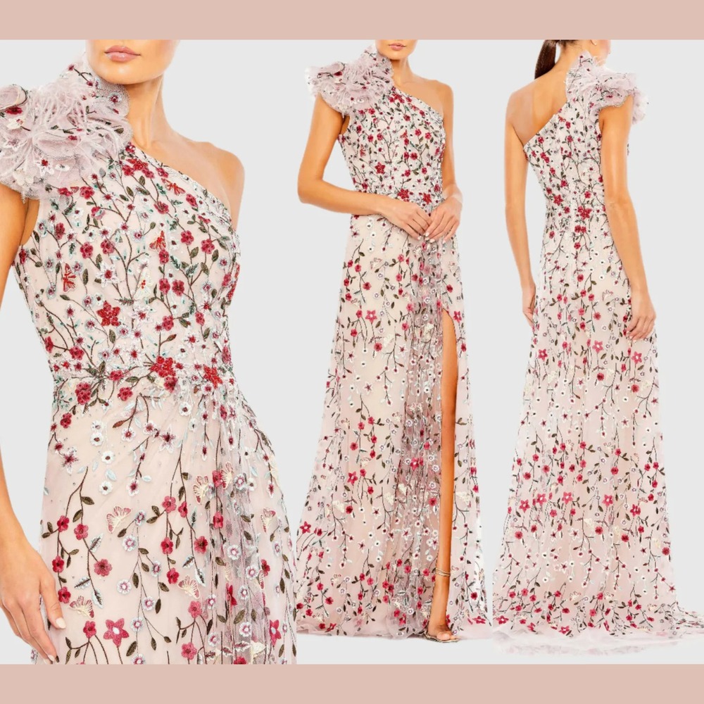 NWT Mac Duggal [ 4 ] 20331 Embellished One Shoulder ALine Floral Gown Rose J1793